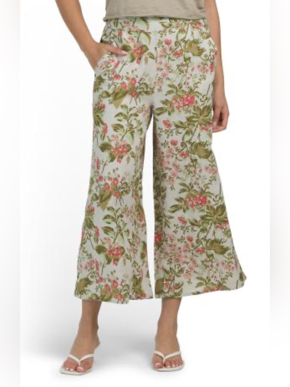 Linen Floral Wide-Leg Crop Pants - Green, Pink Cream Laura Ashley Size XL New!